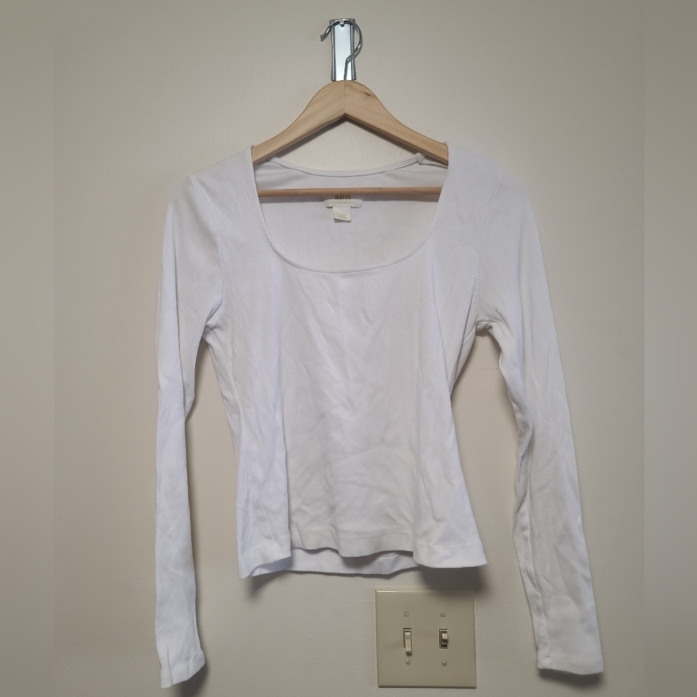 Maeve Anthropologie White Ribbed Scoop Neck Top Large